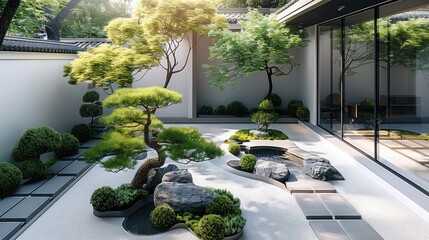 Naklejka premium Minimalist look with outdoor garden and small trees in home. Generative AI.