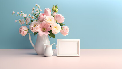 3D Bouquet Flower in Porcelain Ceramic Vase against Blue Pastel Background. Perfect for Birthday, Mother's Day, Valentine's Day Decoration Concept.