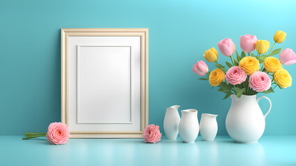 3D Bouquet Flower Arrangement in Lovely Porcelain Ceramic Vase on Blue Pastel Background. Ideal for Birthday, Mother's Day, Valentine's Day Decor.