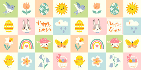 Easter design template, seamless pattern for packaging, greeting card, flyer, poster, paper bag. Cute cartoon Easter characters on pastel colourful checkered background. 