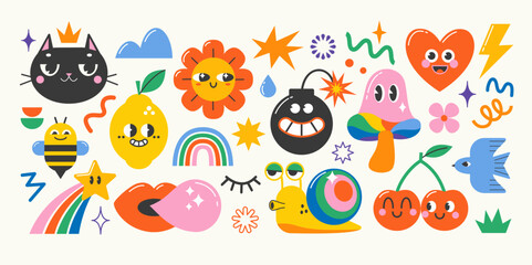 Set of funny cartoon characters and design elements in retro groovy style.