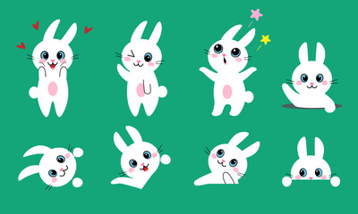  Character design of cute cartoon white bunny in flat style. Peeking rabbits in different poses and in the hole with various emotions.  - 739659047