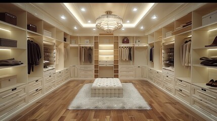 Walk-In Closet with Panel cabinets. Large room. U-Shaped closet. Spotlights in the closet. Generative AI.