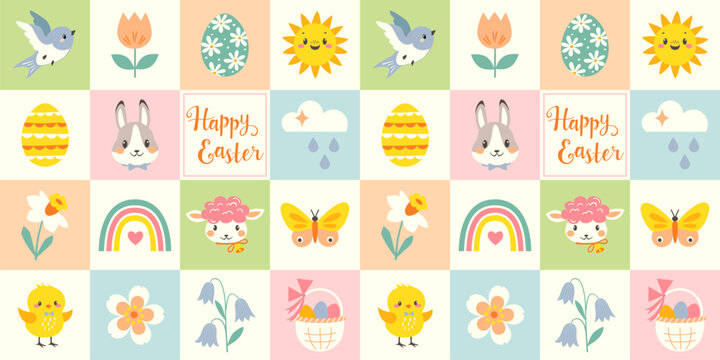Easter design template, seamless pattern for packaging, greeting card, flyer, poster, paper bag. Cute cartoon Easter characters on pastel colourful checkered background. 