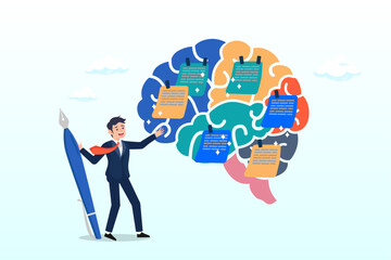 Businessman write sticky notes on human brain, idea memo, brainstorm or scrum sticky notes, productive plan, memory or task reminder, mind map for work arrangement, thought and wisdom (Vector)