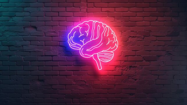 Creativity Brain in Pink Neon Lights on Wall Brick. Creative Ideas Neon Sign, Brainstorming Concept