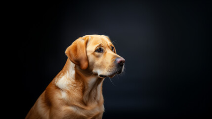 A profile view of a Labrador Retriever with a focused gaze, showcasing its intelligence and alertness, set against a dark, contrasting studio backdrop.