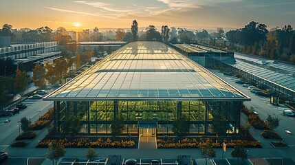 Modern covered vegetable factory, rectangular in shape, modern glass roof, modern parking outside, outside aerial view. Generative AI. - obrazy, fototapety, plakaty
