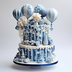 3D effect fondant birthday cake on white background, imaginative birthday cake, surreal design birthday cake, birthday card cover, cake shop advertisement