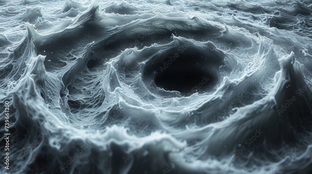 Poster closeup of a twirling vortex in a monochromatic palette showcasing a repetitive and symmetrical text