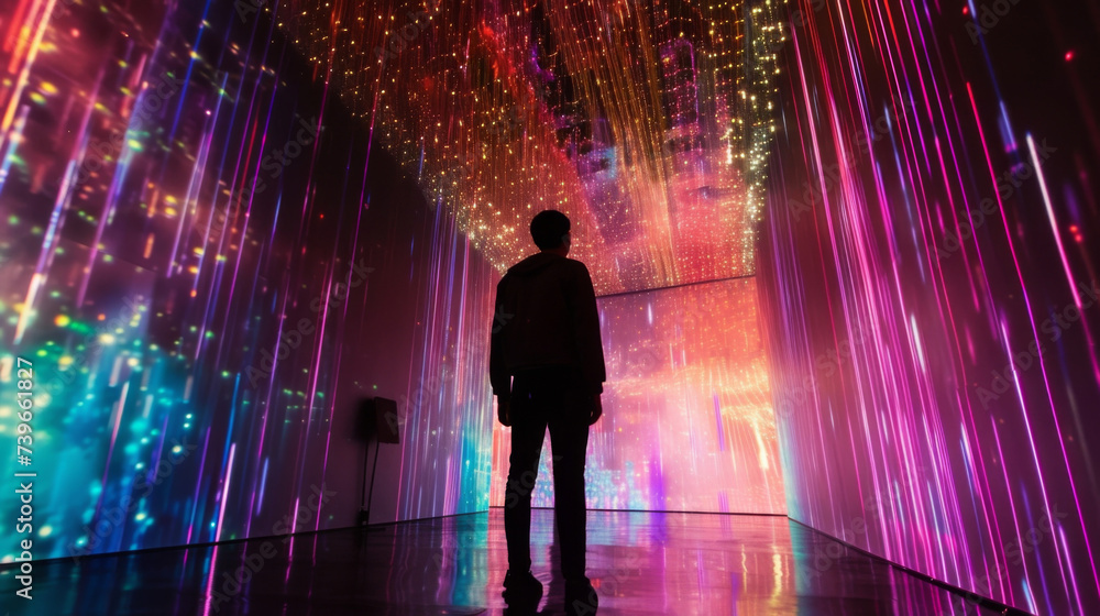 Poster an immersive experience of kaleidoscopic visuals and cascading lights inviting viewers to explore th