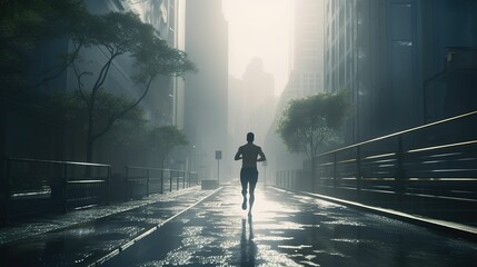People jogging in the deserted city in the early morning, illusory scenes in dreams, running in the deserted city