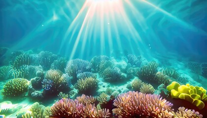 Naklejka na ściany i meble Underwater - Blue Tropical Seabed With Reef And Sunbeam