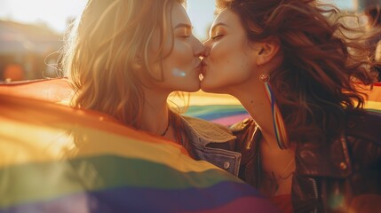 Two women kiss each other after spending the day together and enjoying rainbow flag. Generative AI.