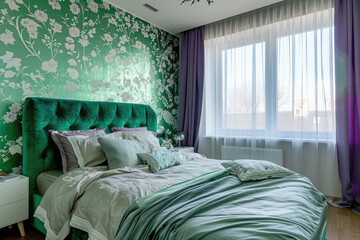 a modern bedroom in a green interior wallpaper with floral ornaments