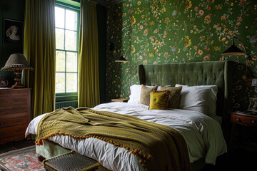 a modern bedroom in a green interior wallpaper with floral ornaments