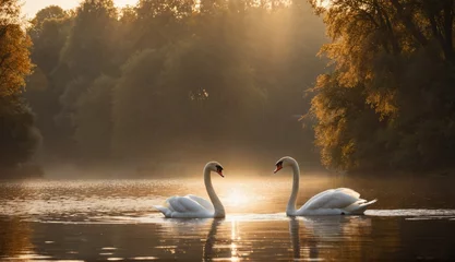 Rollo a swans in the water at sunset. Generative AI. © zax
