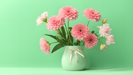 3D Beauty Bouquet Flower on Green Pastel Background. Concept for Birthday, Mother's Day, Valentine's Day Floral Decoration.