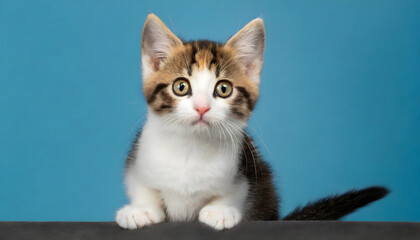 Cute baby tabby kitten isolated on blue background