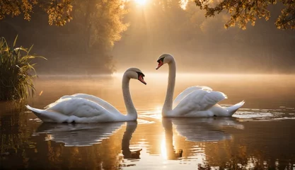 Raamstickers a swans in the water at sunset. Generative AI. © zax