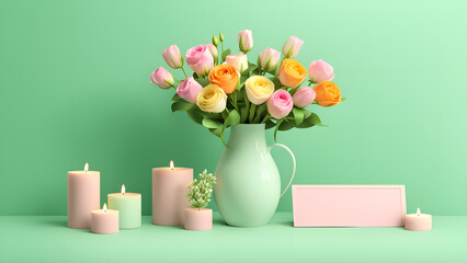 3D Beauty Bouquet Flower on Green Pastel Background. Concept for Birthday, Mother's Day, Valentine's Day Floral Decoration.