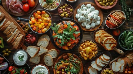 Table full of different types of food, top down view. Generative AI.