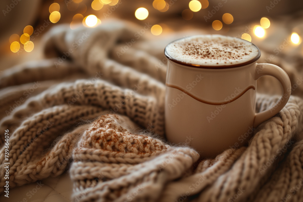 Wall mural Cozy winter concept with a hot cappuccino cup wrapped in a knitted scarf, festive bokeh lights background, suitable for holiday promotions and warm comfort themes