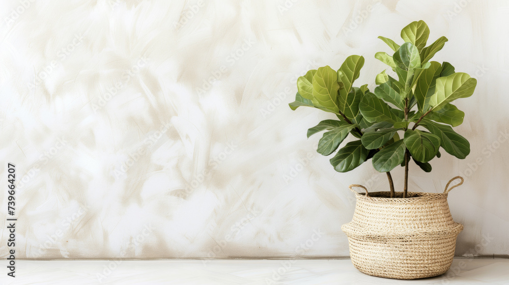 Poster minimalist home decor with a fiddle leaf fig in a woven basket on a white textured background with c