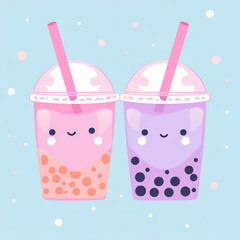 Cute Happy Kawaii Boba Tea Besties, Best Friends, Flat Illustration Vector, Cartoon