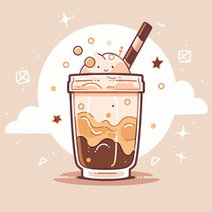 Cute Kawaii Coffee, Latte, Milkshake Sweet Drink With Straw