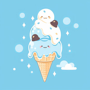 Kawaii Style Ice Cream, Cute Ice Cream Cone With Scoppos of Ice Cream and Toppings, Blue Background, Flat Vector Illustration, Cartoon