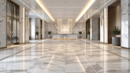 Luxurious modern hotel lobby interior with marble floors, stylish lighting, and elegant contemporary design, ideal for corporate backgrounds with copy space