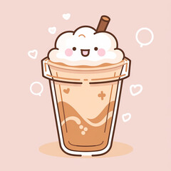 Kawaii Style Coffee, Latte Drink, Cute Illustration Vecto