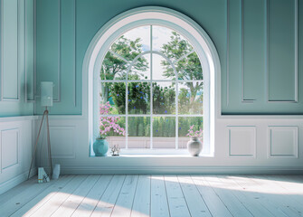an arched window and white wood trim in a living room