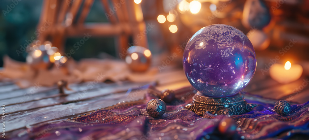 Sticker Mystical crystal ball on ornate stand with glowing candles and bokeh lights, suitable for concepts of fortune telling, magic, or Halloween, with copy space for text