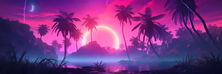 Tuinposter Roze Sunset on the beach with neon color style look, Illustration.