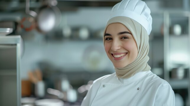 beautiful Muslim woman chef wearing a hijab and a white uniform, situated in a hotel kitchen with available copy space