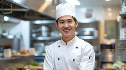 portrait of happy Korean male chef, wearing his white uniform in hotel kitchen, copy space