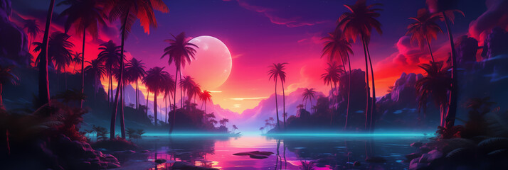 Sunset on the beach with neon color style look, Illustration.