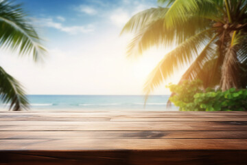 Top of wood table with seascape and palm tree, blur bokeh light of calm sea and sky at tropical beach background. summer vacation background concept.