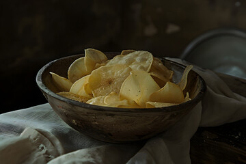 chips in a bowl, snacks, eating chips in abowl, snacks on the table