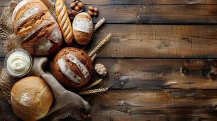 Papier Peint photo Lavable Pain Freshly baked bread, variety of baked goods on a wooden background. Top view with copy space Generative AI