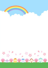 カラフルな街並みと虹のかかった青空の背景