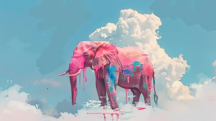 Generative AI illustration of surreal artwork of a pink elephant with paint dripping from its body against a cloudy blue sky - obrazy, fototapety, plakaty