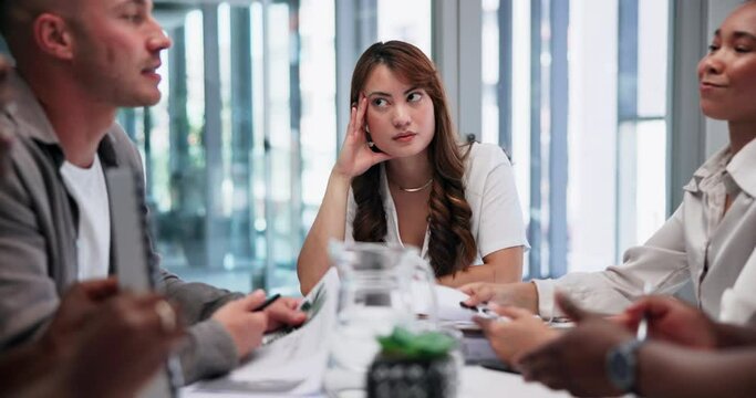 Frustrated, woman or angry business people in meeting for conversation, discussion or paperwork mistake. Talking, argument or employee with stress, burnout or headache in crisis listening to bad news
