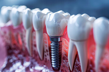 Dental implantation, teeth with implant screw, .AI generative - obrazy, fototapety, plakaty