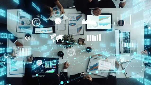 Top view of business people discussing about stock market financial statistic. Group of diverse team planning marketing strategy while looking at trading and investment chart at tablet. Directorate.