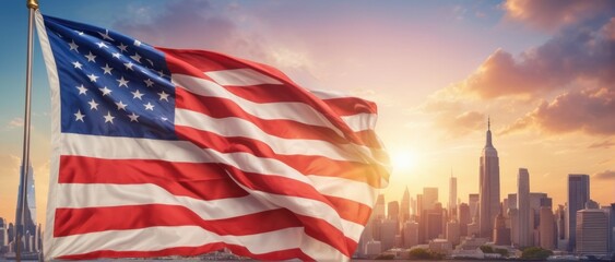 Flying American flag on sunrise sky megapolis background