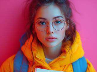 A Stylish Portrait of a Young Caucasian Woman with Attractive Features, Fashionable Style, and Chic Glasses Against a Pink Background