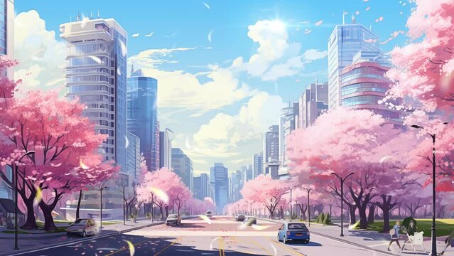 Spring city landscape with sakura tree on anime cartoon style. Seamless 4k loop animation background